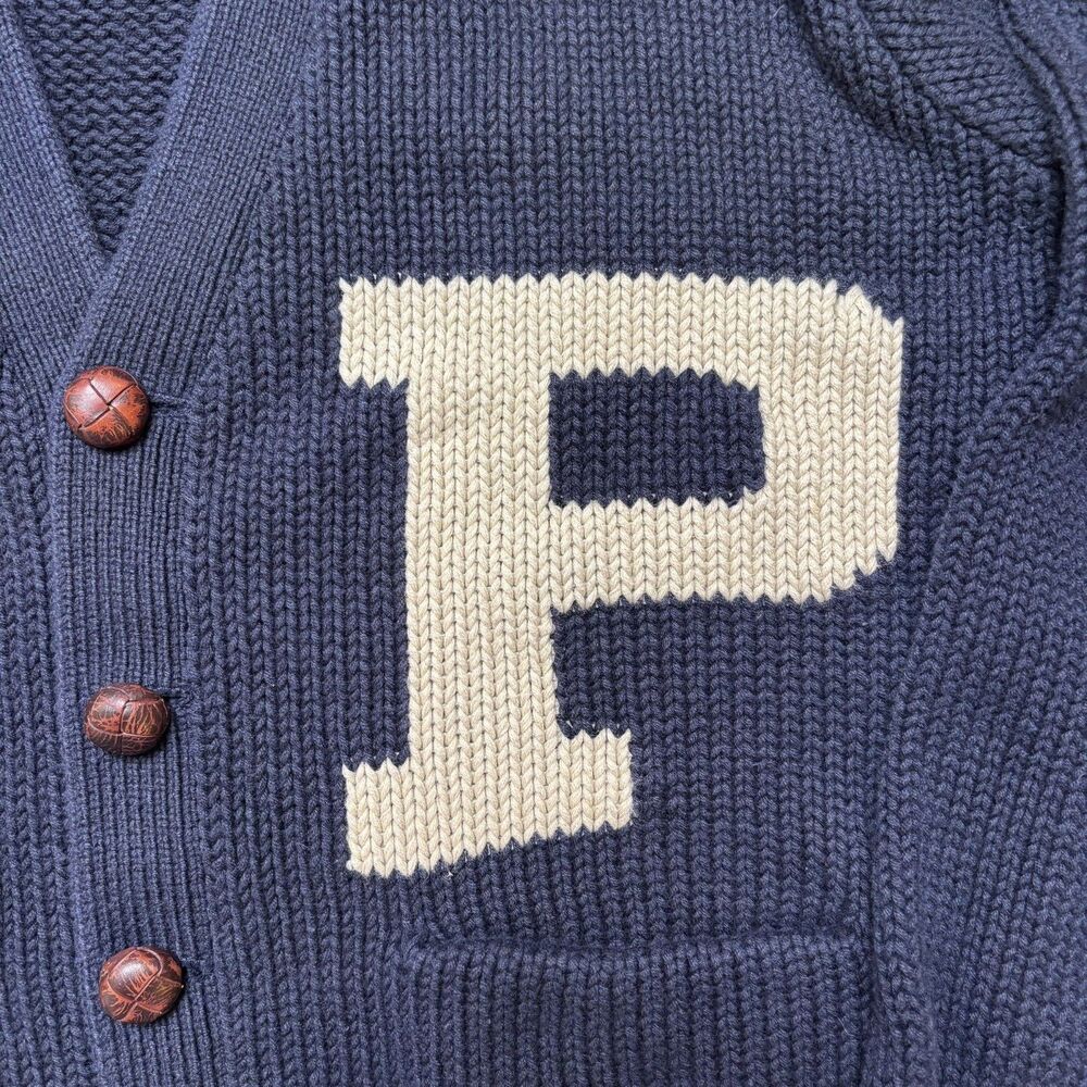 VTG 90s Polo Ralph Lauren Navy Varsity Letterman Cardigan Sweater Men's S Cotton - Picture 4 of 8